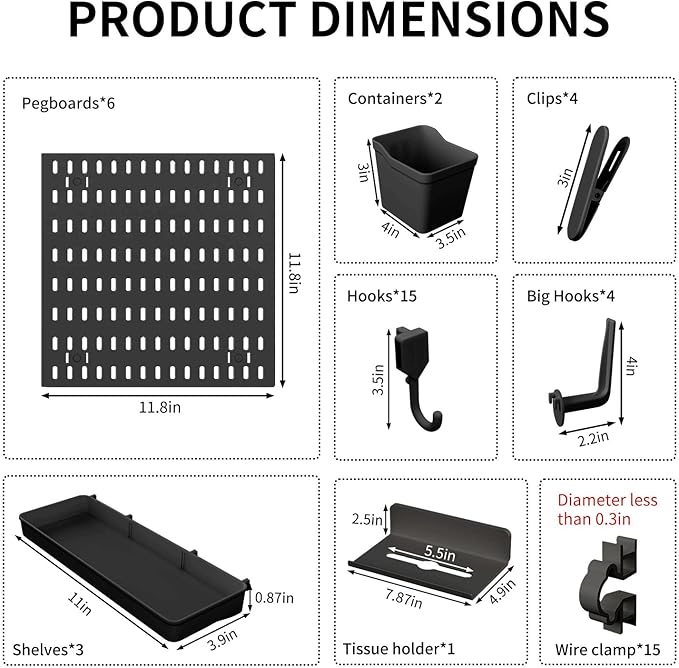 SHGJ&SOFT Peg Board Wall Organizer Panels, 50pcs - Includes 6 Black Pegboards & Accessories, Plastic Pegboard for Home，Office