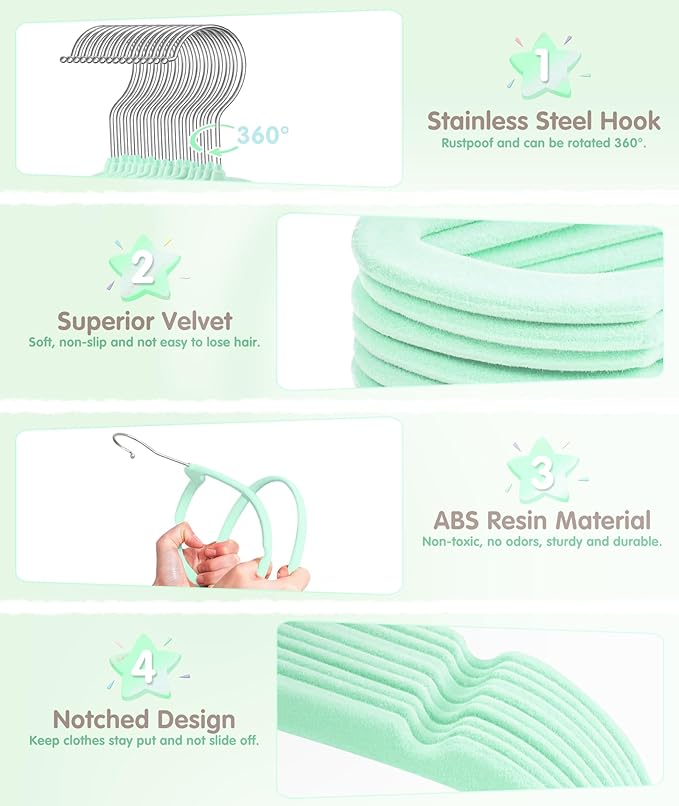VIS'V Baby Hangers, 11 Inch Velvet Kids Hangers with 6 Pcs Clothes Size Dividers, Infant Toddler Nursery Closet Organization,