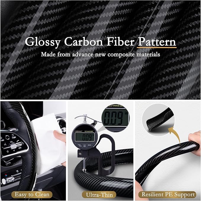 Aimato Car Steering Wheel Cover Carbon Fiber, Ultra-Thin Car Steering Wheel Cover,Comfortable & Breathable Microfiber,Universal Fit for Most Cars, Bright Black