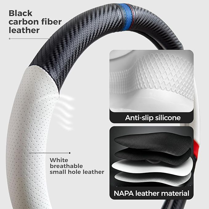 Carbon Fiber Steering Wheel Cover, Non-Slip and Sweat Absorbent, 15" Steering Wheel Covers for X5 X3 Men Women, Black (White&Black Sport Edition)