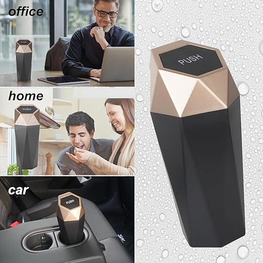 Car Trash Can Bin,Small Garbage Can with Lid,Automotive Cup Holder Mini Cars Trashcan,Portable Cute Cars Door Trash Cans,Women Car Dustbin (2Pcs, Gold)