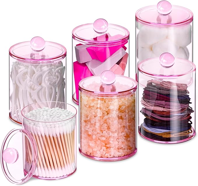 XIPENGKEJI 6 Pack Qtip Holder,Canister Apothecary Jar Set, Bathroom Jars with Lids Set for Cotton Swabs, Balls, Pads, Floss P