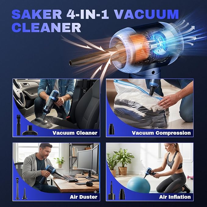 Saker Car Vacuum Portable Cordless 20000Pa Suction Power 4 in 1 Handheld Vacuum with LED Light Type-C Portable Mini Vacuums f