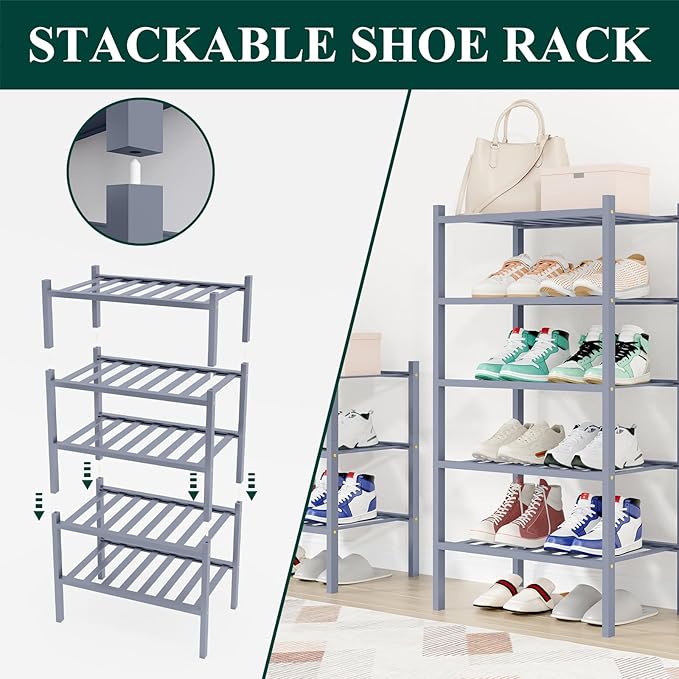 Smiry Bamboo Shoe Rack for Closet, 3 Tier Long Wooden Stackable Shoe Organizer, Free Standing Shoes Storage Shelf for Entrywa