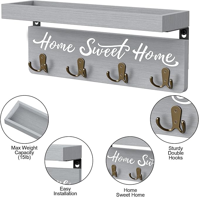 buways Key Holder Wall Mount with 4 Double Hooks-Solid Wood Wall-Mounted Organizer for Keys&Mail Rustic Key Rack Hanger Holde