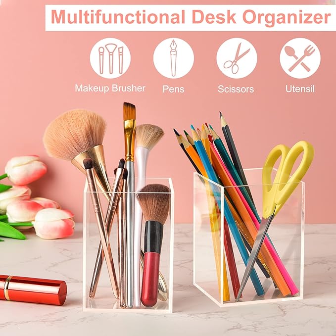 Mototo 8 Pieces Clear Acrylic Pen Holder Acrylic Pencil Cup Clear Makeup Bush Holder Acrylic Desktop Stationery Organizer for