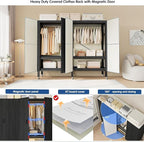 Heavy Duty Covered Clothes Rack with Magnetic Door Foldable Portable Wardrobe Closet for Hanging Clothing Rolling Black Metal