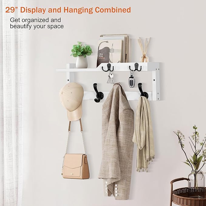 dreampossible Coat Rack Wall Mount with Shelf, Coat Hanger Wall Mount with Key Hooks and Mail Holder, Wood Entryway Floating 