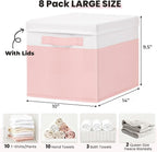 Large Closet Organizer Bins with Lids 8 Pack - Pink Storage Baskets for Shelves Nursery Bedroom Dorm RV - Stackable Decorativ