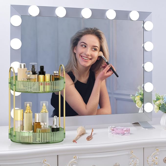MOKANI 360 Rotating Makeup Organizer for Vanity, 2 Tier Adjustable Perfume Organizer for Dresser, Multi-Function Spinning Cos