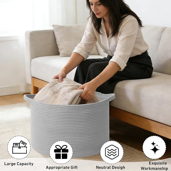 65L Large Blanket Basket,Cotton Rope Woven Storage Basket with Handles, Laundry Hamper for Toys, Clothes, Pillows & Towels, P