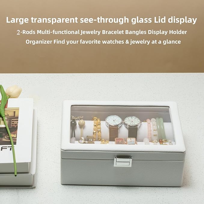 Bracelets Organizer Rods Bangles Display Holder, Clear See through Lid Leather Velvet Jewelry Storage Box Case for Women, 2 R