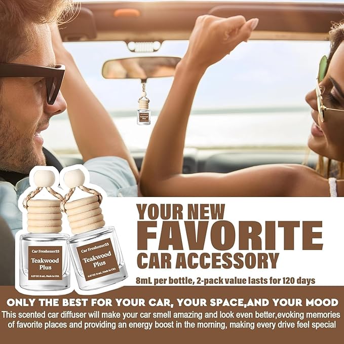 C Classy Car Air Freshener Hanging 2 Pack, Mahogany Teakwood Essential Oil Diffuser for Cars, Cute Glass Bottle Car Accessori