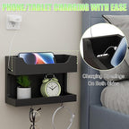 NiHome Wall Mounted Wooden Bedside Accessories Organizer, Double Tray Bedside Storage Shelf Rack with Magnetic Hooks, Bedroom