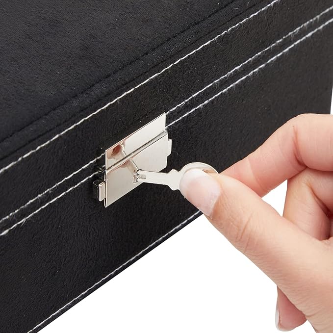 Juvale Jewelry Box for Men - 10.5 x 10.5 x 3.5 in, Black Velvet - Locking 2-Layer Travel Jewelry Organizer & Earring Holder, 