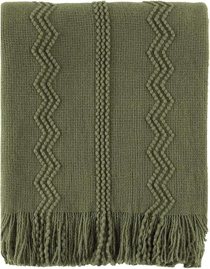 BATTILO HOME Olive Green Throw Blanket for Couch, Soft Army Green Blanket with Tassels for Home Decor, Decorative Knitted Thr