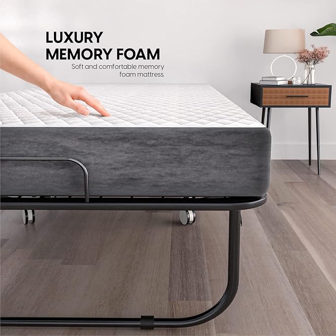 EconoHome Folding Bed with Mattress - 75x31 Cot Size Frame - Portable Rollaway Guest Bed with 5-inch Memory Foam Mattress - S