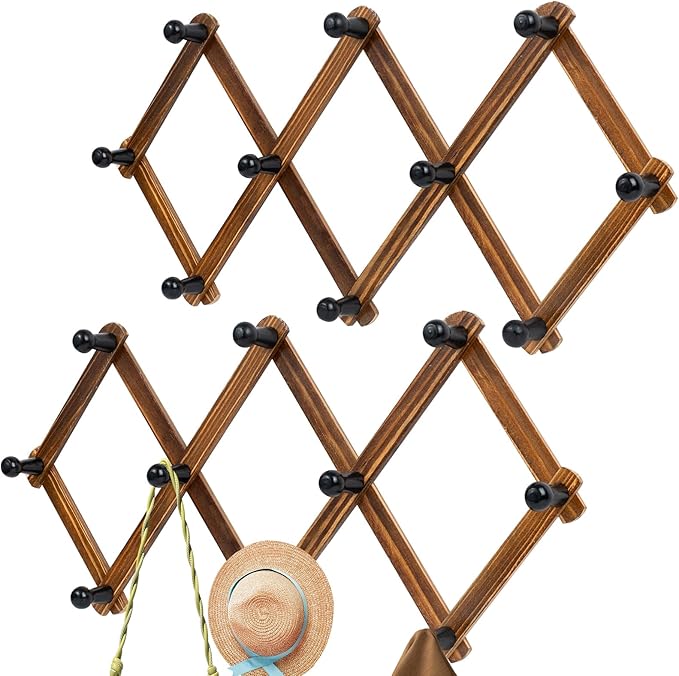 Accordion Wall Hanger, Wood Expandable Wall Mounted Hanger with 10 Hooks for Coats,Hats,Coffee Mug Ect,2 Packs Included,20 Pe