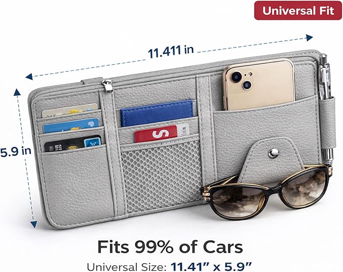 Car Sun Visor Multi-Pocket Organizer — Gray (Universal Car/SUV/Truck Storage Pouch)