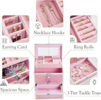 Hododou Girls Jewelry Box Organizer with Drawer & Mirror, Shiny Pink Style Lockable Storage Case for Kid or Little Girls Jewe