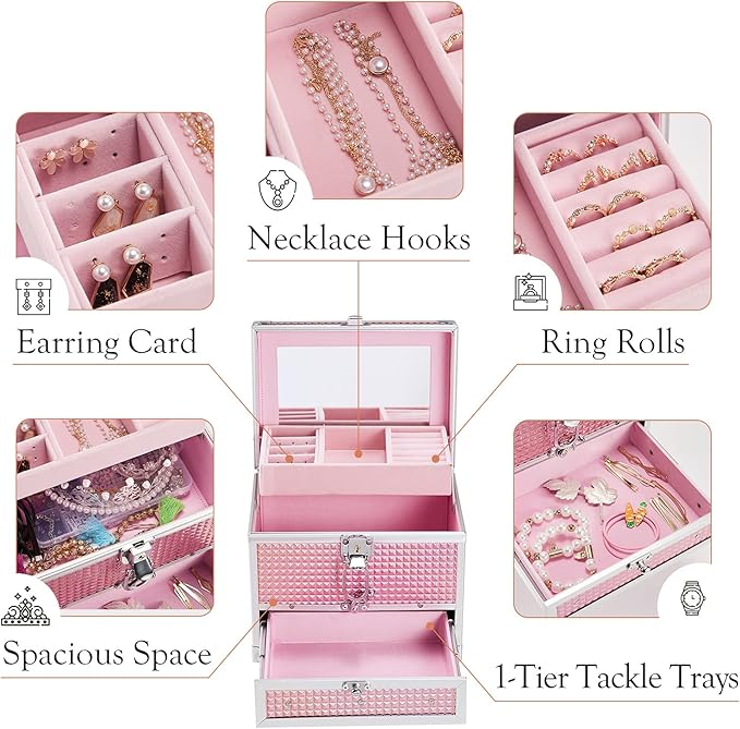 Hododou Girls Jewelry Box Organizer with Drawer & Mirror, Shiny Pink Style Lockable Storage Case for Kid or Little Girls Jewe