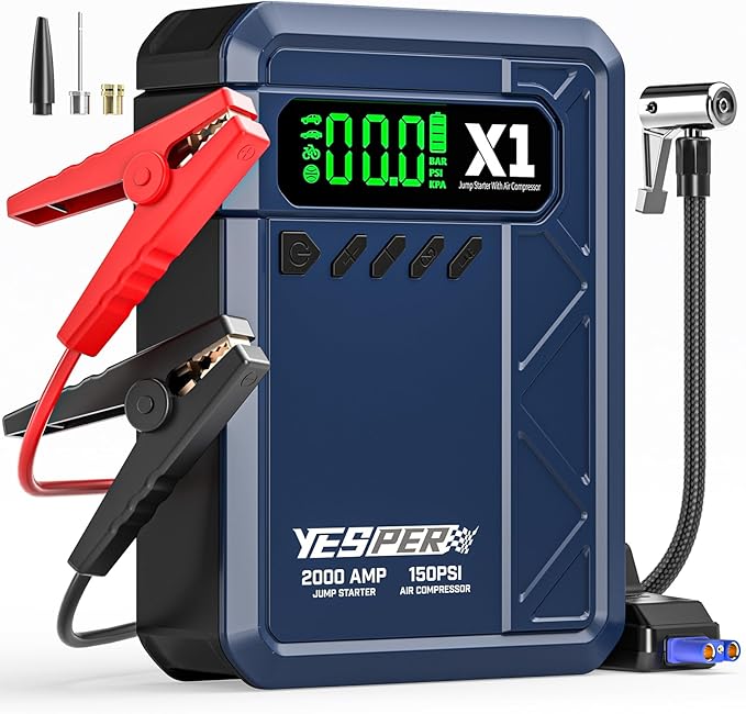 YESPER Jump Starter with Air Compressor 2000A 150PSI Battery Jumper Starter Portable(8L Gas/6L Diesel) 12V Car Jump Pack