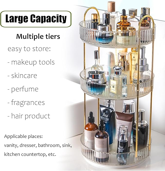 Rotating Makeup Organizer Countertop 3 Tier Lazy Susan Trays Clear Skincare Perfume Storage for Bathroom Counter Vanity, Tran