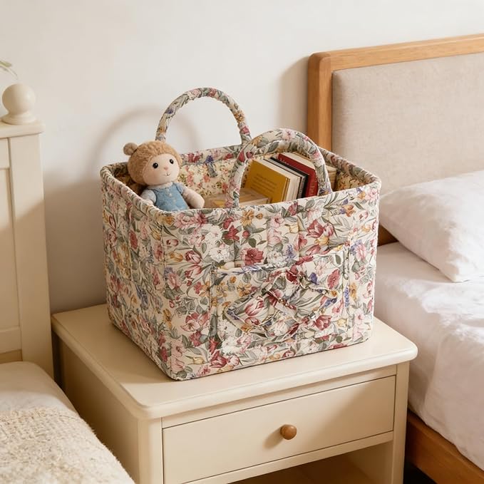 Quilted Laundry Basket with Handles - Multi-Purpose Fabric Storage Basket，Boho Fabric Storage Baskets with Handles for Car, H