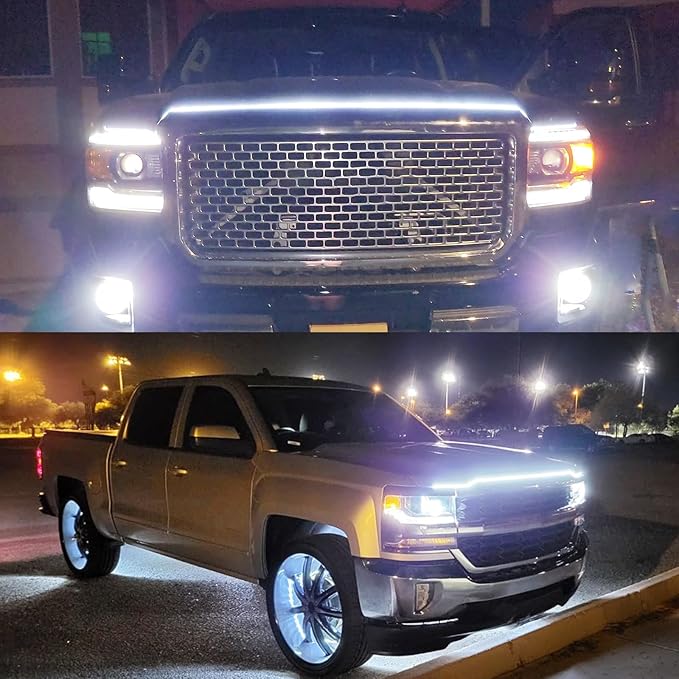 Car Hood Light Strip Exterior, 94.5 Inch DRL LED Strip Lights Waterproof IP68 Scan Start-up + White Light,Compatible with GMC Sierra 1500 2500 Chevy Silverado 1500 2500 Dodge Ram 1500