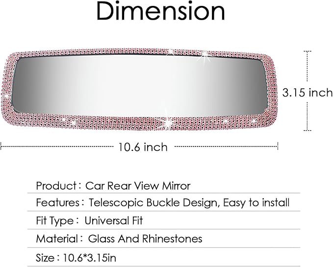 Bling Rhinestone Car Rear View Mirror - Crystal Diamond Decor for Women - Stylish Automotive Interior Accessory (Pink)