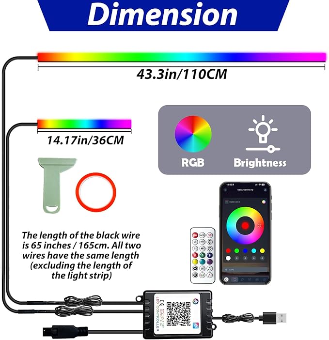 Car Led Strip Lights, Interior Car Lights, App and RF Remote Control Ambient Lighting Kit with RGB 16 Million Colors Fiber Optics&Music Sync Rhythm, USB Neon Light Accessories for Center Console&Door