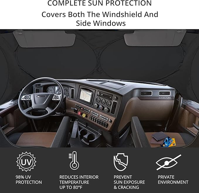 Semi-Truck Sun Shade for Windshield and Side Windows | 300T Sunshade Maximum Coverage | Block Sun Heat Rays |Fits for Semi, Commercial & Big Rig Truck, RV (Side Velcro)…