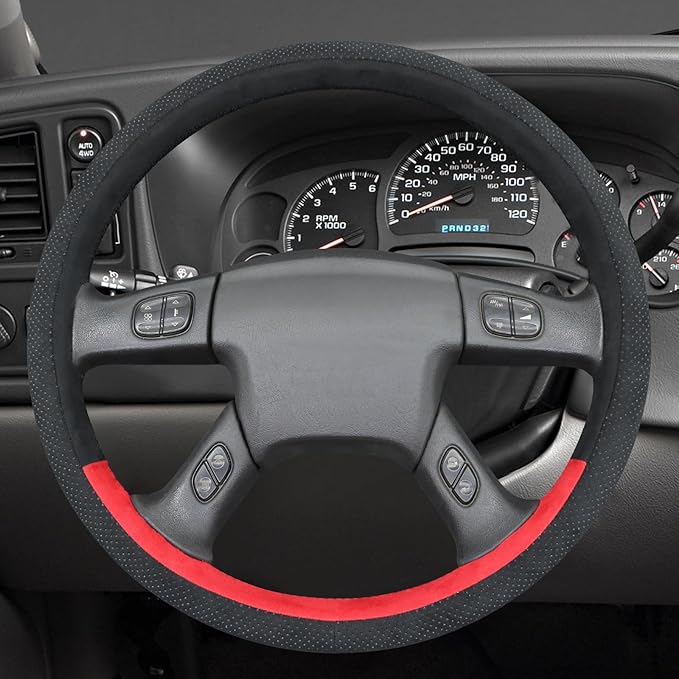 MEWANT Hand Stitched Steering Wheel Cover for Chevy Silverado 1500 2003-2006 Black Red Athsuede Steering Wheel Wrap