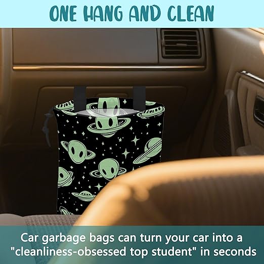 Car Trash Bag Abstract Green Aliens and UFO Leak-Proof Car Garbage Bag with Drawstring Foldable Canvas Trash Bin with Adjustable Buckle for Car Accessories
