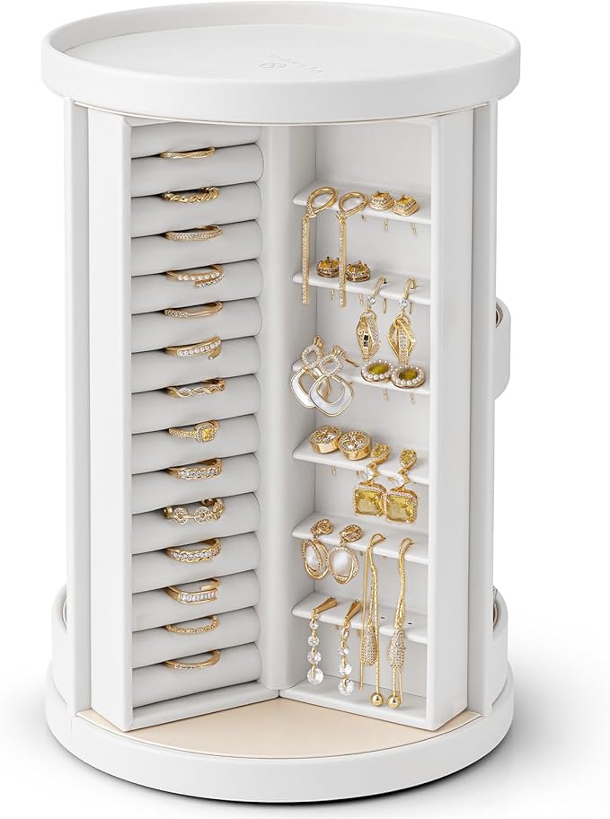 VLANDO 360°Rotating Jewelry Box,Earring Organizer Large Vertical Jewelry Organizer with 6 Necklace Hooks, Open Ring Display S