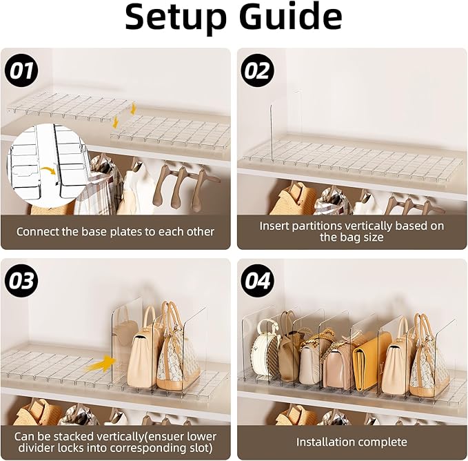 Bag & Purse Organizer for Closet Stackable Acrylic Shelf Dividers for Closet Organization, Clear Handbag Purse Storage Organi
