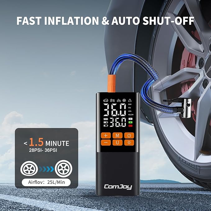 Faster Tire Inflator Portable Air Compressor, 150PSI Cordless Air Pump for Car Tires - 6000mAh & 12V DC, Rechargeable Smart Tire Pump with Digital Gauge &LED Light, Auto Shut-Off for Bike, Motor, Ball