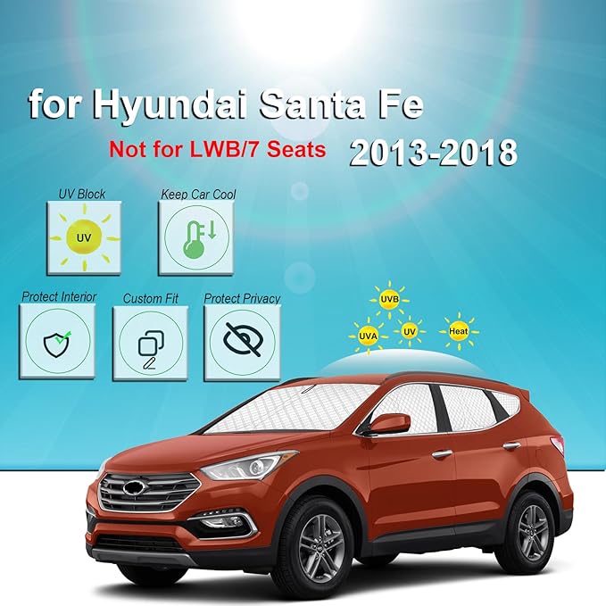 KMF 8pcs Thicken Full Car Window Shades for Hyundai Santa Fe Sport 5 Seats Accessories 2013-2018(Not LWB), Windshield Sunshade Window Covers for Side Rear,UV Block and Blackout Privacy for Camping