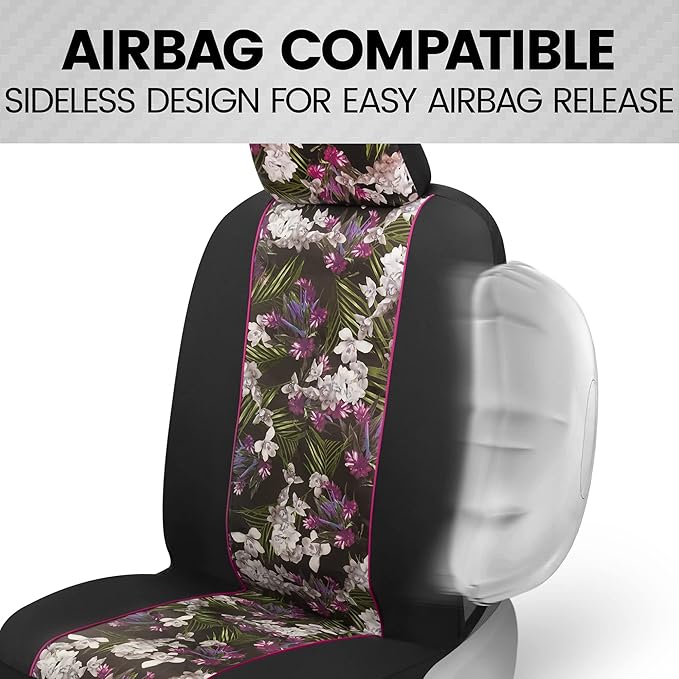 BDK Pink Flower Faux Leather Car Seat Covers for Front Seats, 2 Pack – Floral Pattern with Matching Headrest, Easy Installati