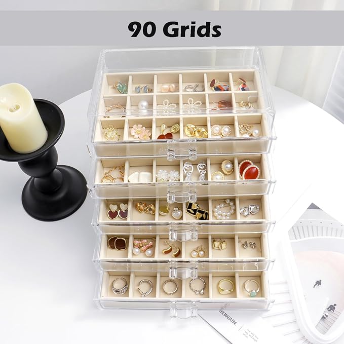 YUFONG Jewelry Organizer with 5 Drawers Clear Acrylic Earring Display Case Velvet Jewelry Storage Box Display Holder for Earr