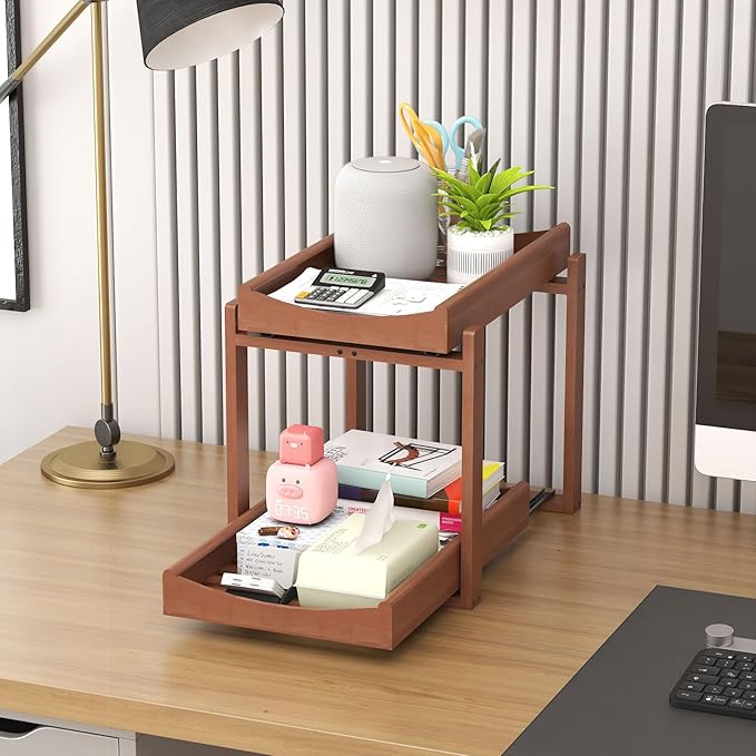 Bamboo Under Sink Organizer and Storage, 2 Pack Pull Out Cabinet Organization, 2 Tier Vertical Slide Out Undersink Storage Sh