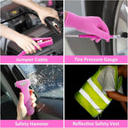 Car Roadside Safety Kit - 129pcs Pink Winter Emergency Road Side Assistance Kits Auto Essential Kit for Men, Women, Teen