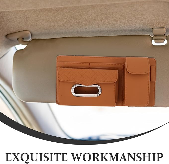 NUOBESTY Car Visor Organizer Clip with Pu Leather Tissue Holder and Sunglasses Case, Vehicle-Mounted Sun Visor Accessory for Travel and Commuting, Multifunctional Interior Pocket in Brown