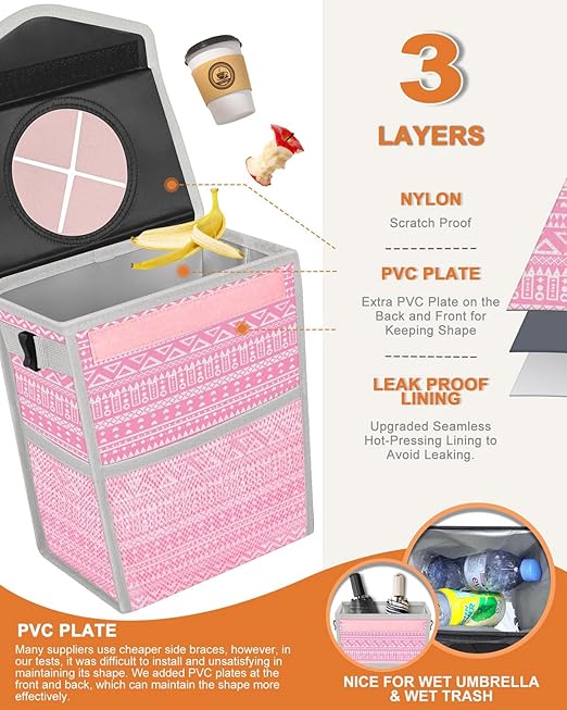 Car Trash Can with Lid, Cute Leakproof Car Trash Garbage Bag Hanging Vehicle Trash Bin Small Portable Automotive Garbage Cans Organizer for Back/Front Seat/Console(2.8 Gallons,Pink Print)