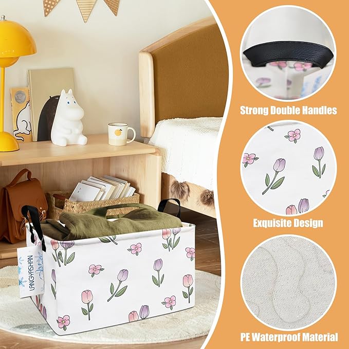 LANGYASHAN Rectangular Storage Bin Collapse Canvas Fabric Cartoon Storage Basket with Handles for Organizing Home Kitchen Boy