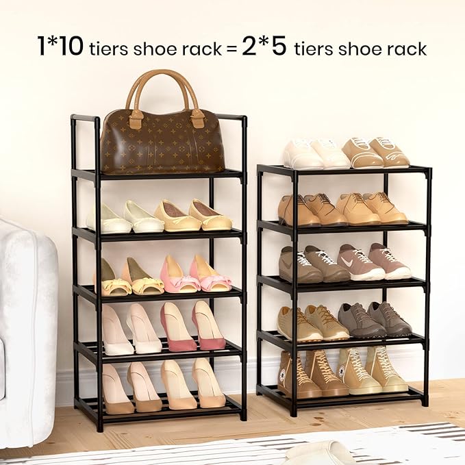 Narrow Shoe Rack 10 Tiers Tall Shoe Rack for Entryway 20 24 Pairs Shoe & Boots Organizer Storage Shelf Durable Black Metal St