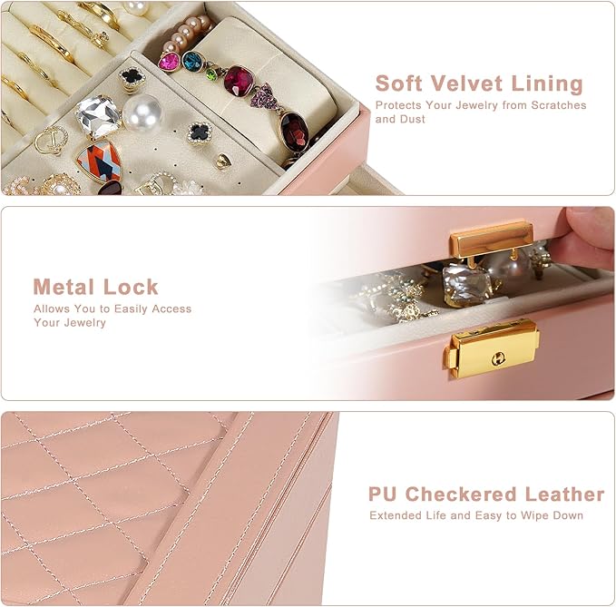 2-Layer Jewelry Box for women, jewelry organizers and storage with Removable Jewelry Tray, vintage quilted top Lockable Jewel