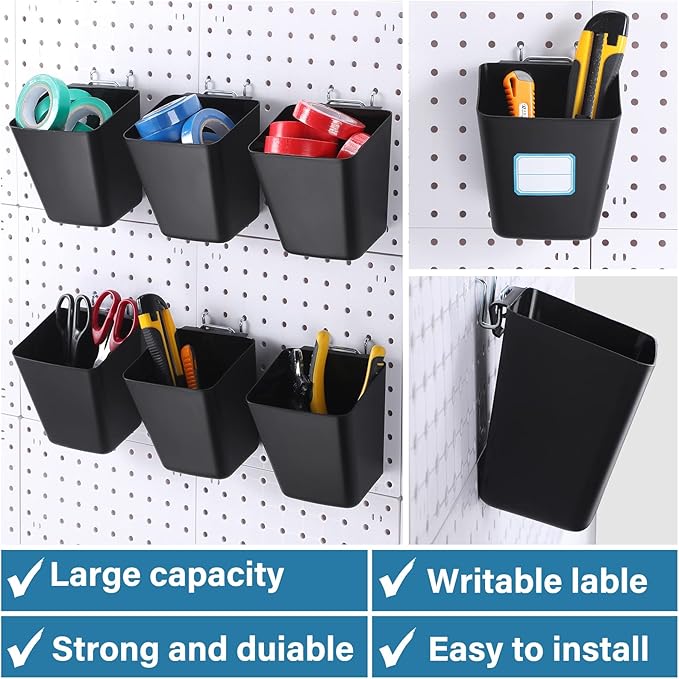Namalu 12 Pack Peg Board Storage Bins with Labels and Hooks Square Box Shape Pegboard Cup Holder Accessories Pegboard Organiz