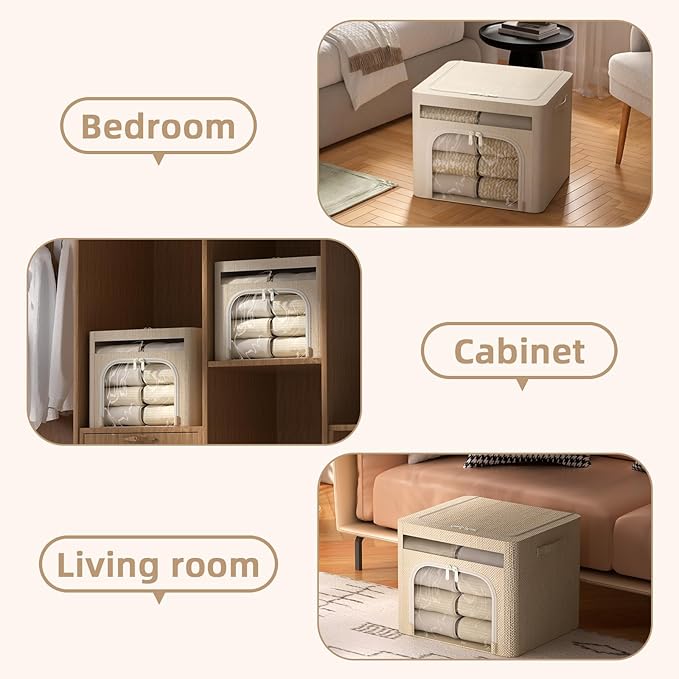 FHSQX 6 Pack Foldable Storage Bins for Clothes Clothes Storage Bins with Metal Frame Stackable Storage Box with Lid (Beige, 1