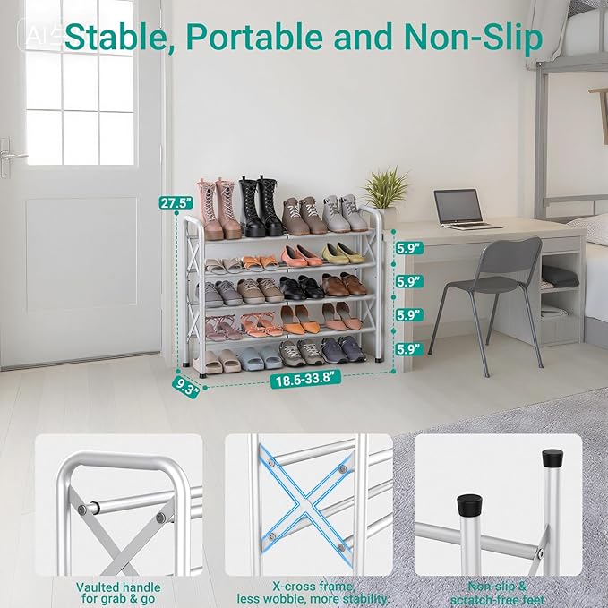 YEASHEIN 4-Tier Expandable Shoe Rack for Closet Floor, X-Frame Metal Small Shoe Rack for Entryway, Adjustable Shoe Shelf Orga